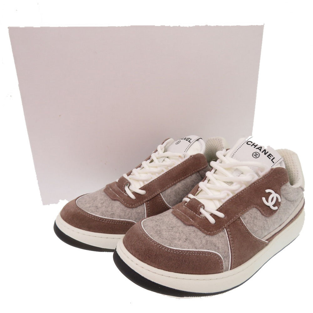 新品同様 シャネル ココマーク ウール スウェード サイズ38 ブラウン グレー スニーカー 1520【中古】CHANEL