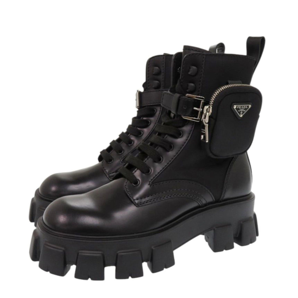 未使用 プラダ モノリス ポーチ付 ブラッシュドレザーx Re-Nylon 2UE007 26cm レザー ナイロン ブラック ブーツ 黒 1522【中古】PRADA