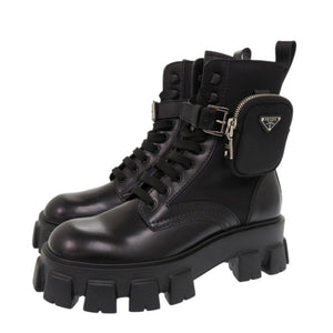 未使用 プラダ モノリス ポーチ付 ブラッシュドレザーx Re-Nylon 2UE007 26cm レザー ナイロン ブラック ブーツ 黒 1522【中古】PRADA