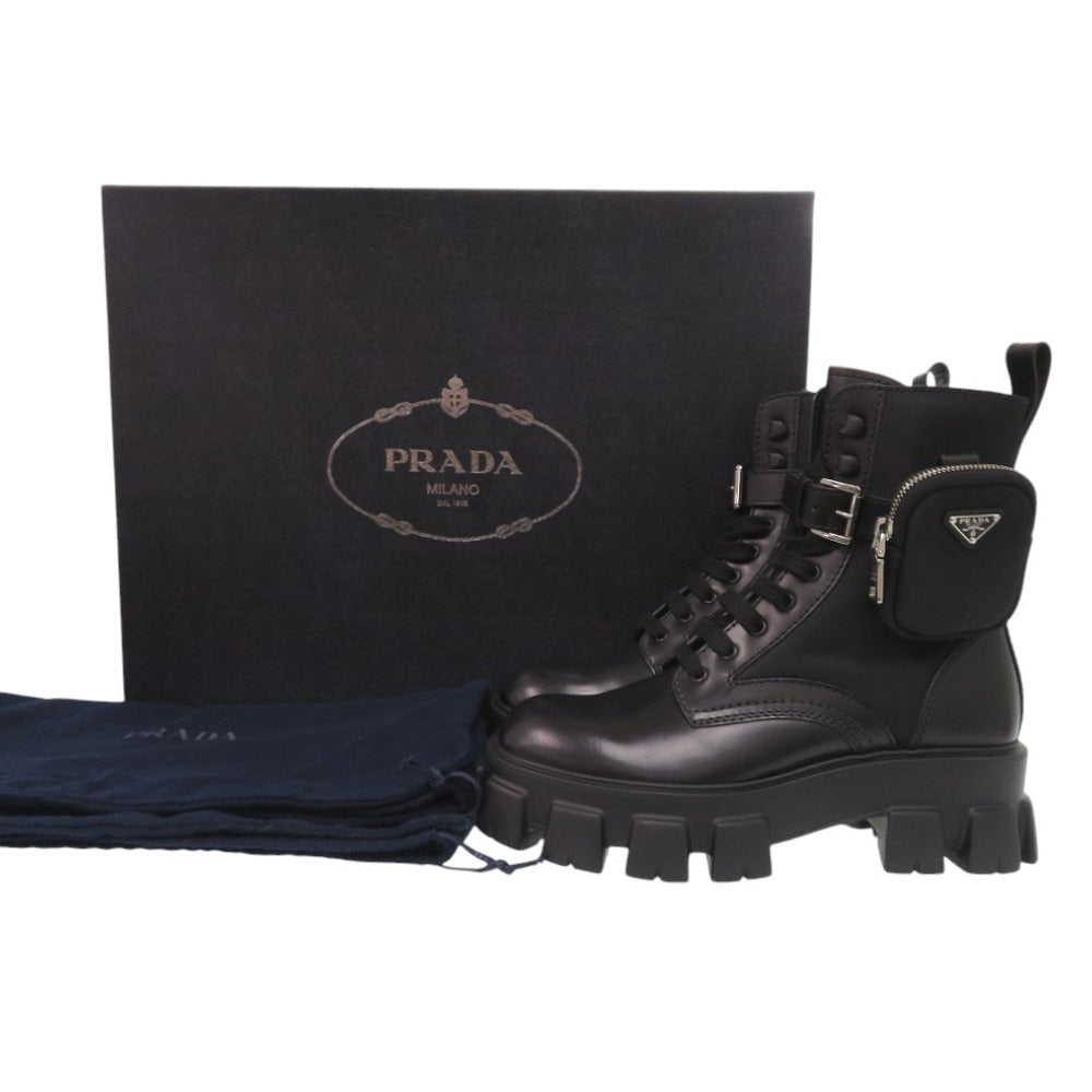 未使用 プラダ モノリス ポーチ付 ブラッシュドレザーx Re-Nylon 2UE007 26cm レザー ナイロン ブラック ブーツ 黒 1522【中古】PRADA