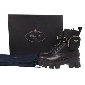 未使用 プラダ モノリス ポーチ付 ブラッシュドレザーx Re-Nylon 2UE007 26cm レザー ナイロン ブラック ブーツ 黒 1522【中古】PRADA
