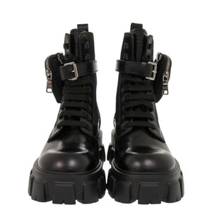 未使用 プラダ モノリス ポーチ付 ブラッシュドレザーx Re-Nylon 2UE007 26cm レザー ナイロン ブラック ブーツ 黒 1522【中古】PRADA