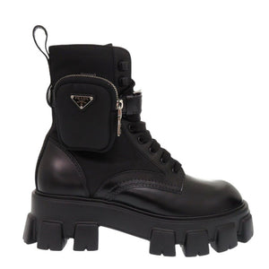 未使用 プラダ モノリス ポーチ付 ブラッシュドレザーx Re-Nylon 2UE007 26cm レザー ナイロン ブラック ブーツ 黒 1522【中古】PRADA