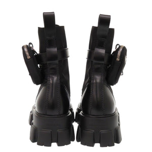 未使用 プラダ モノリス ポーチ付 ブラッシュドレザーx Re-Nylon 2UE007 26cm レザー ナイロン ブラック ブーツ 黒 1522【中古】PRADA