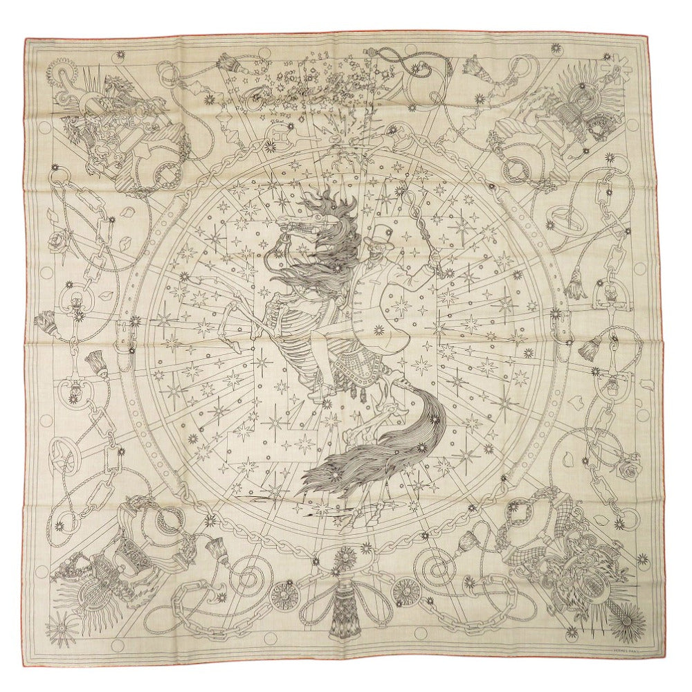 新品同様 エルメス カレジェアン140 C'est la Fete セラフェット 大判 ストール 野村大輔 ショール カシミヤ シルク ベージュ 1604【中古】HERMES