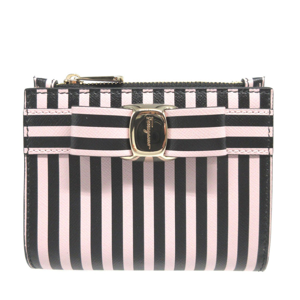 新品同様 サルヴァトーレ フェラガモ ヴァラリボン ストライプ レザー ブラック 黒 ピンク 2つ折り財布 財布 0072【中古】Salvatore Ferragamo