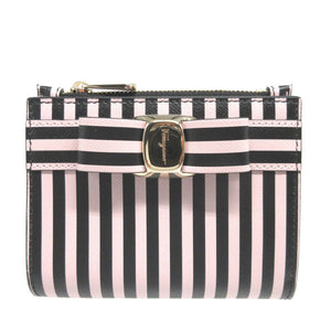 新品同様 サルヴァトーレ フェラガモ ヴァラリボン ストライプ レザー ブラック 黒 ピンク 2つ折り財布 財布 0072【中古】Salvatore Ferragamo