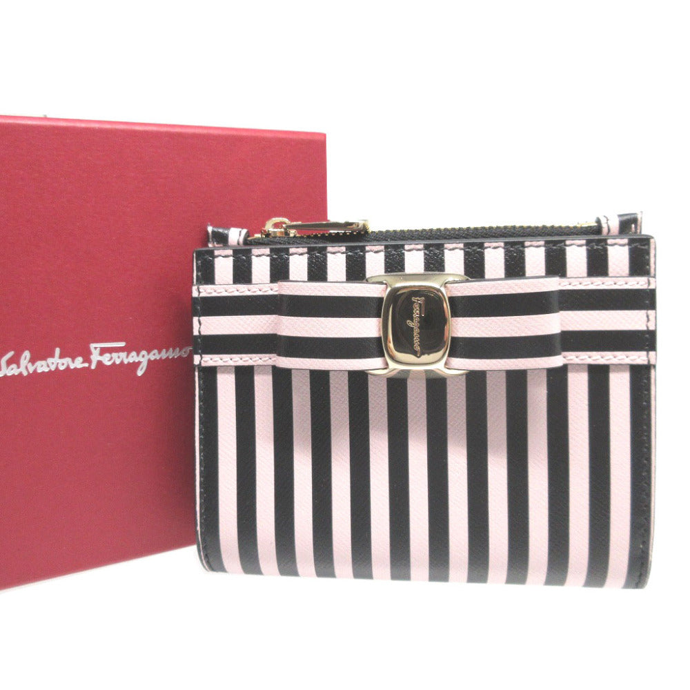 新品同様 サルヴァトーレ フェラガモ ヴァラリボン ストライプ レザー ブラック 黒 ピンク 2つ折り財布 財布 0072【中古】Salvatore Ferragamo