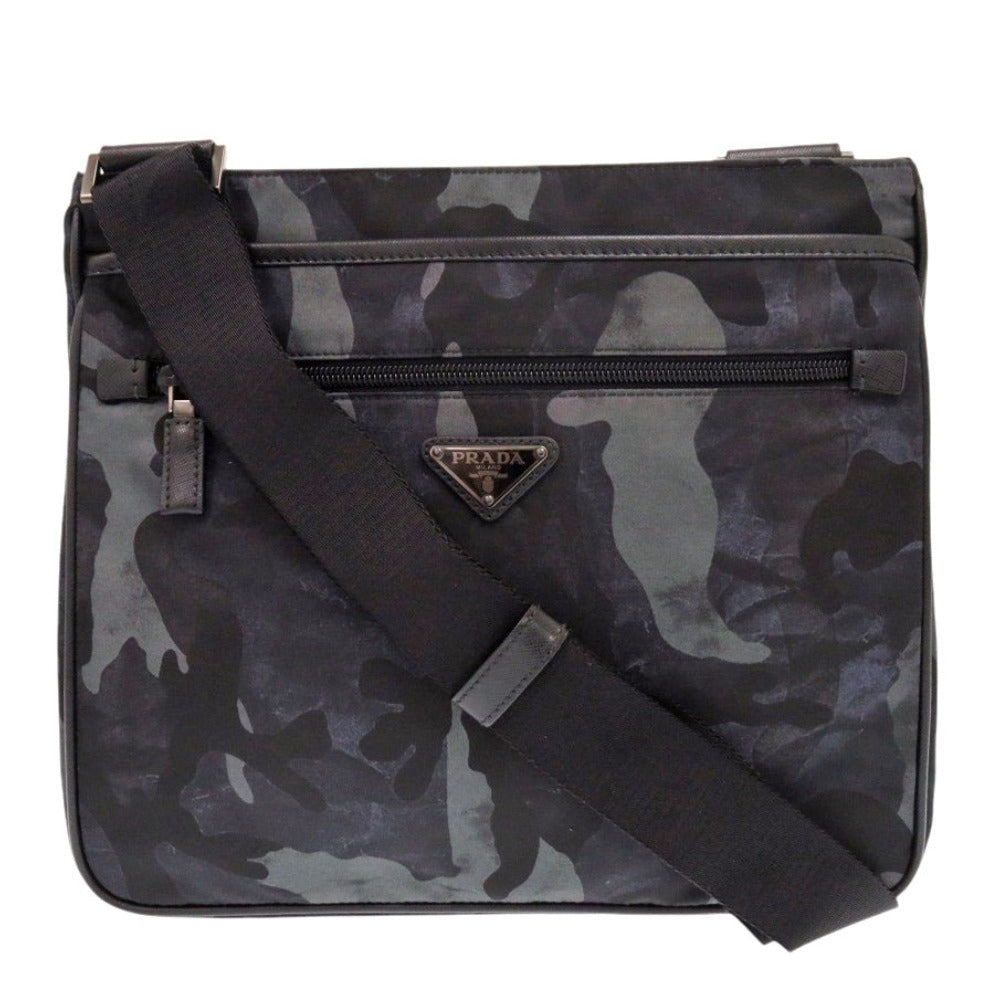 美品 プラダ VA251M 迷彩 カモフラージュ ナイロンキャンバス/レザー ブラック ショルダーバッグ 黒 0110【中古】PRADA