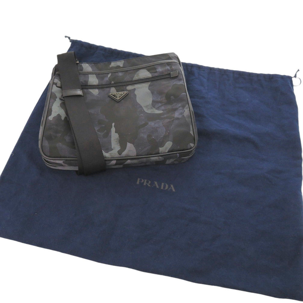 美品 プラダ VA251M 迷彩 カモフラージュ ナイロンキャンバス/レザー ブラック ショルダーバッグ 黒 0110【中古】PRADA