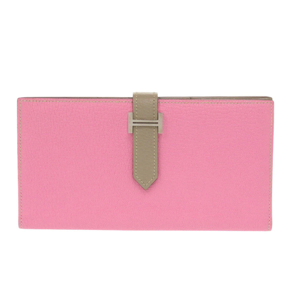 美品 エルメス ベアンスフレ シェーブル ピンク トゥルティエールグレー □N刻印(2010年製) 長財布 0215【中古】HERMES