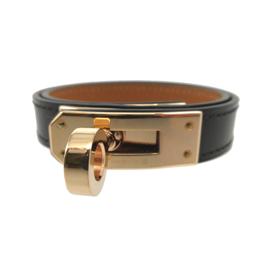 新品同様 エルメス ケリー ドゥブルトゥール B刻印(2023年製) レザー ブラック 黒 ローズゴールド 2連 ブレスレット 0253【中古】HERMES