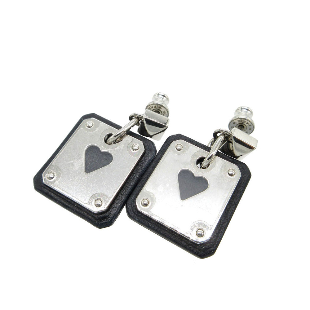 未使用品 エルメス アス ドゥ クール ハート ピアス レザー/メタル ブラック/シルバー Z刻印 0268【中古】HERMES