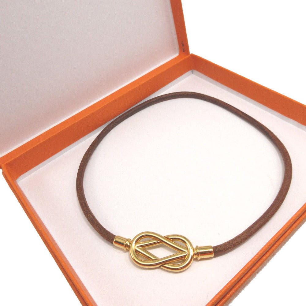 美品 エルメス アタメ メタル レザー ブラウン 茶 ゴールド 2連ブレスレット チョーカー 0277【中古】HERMES