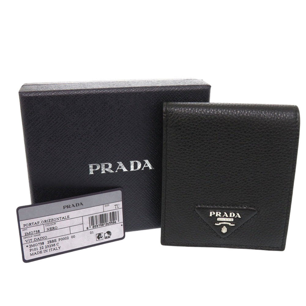 未使用品 プラダ コインポケット付ヴィッテロダイノ 2MO738 レザー ブラック 二つ折り財布 0364【中古】PRADA メンズ