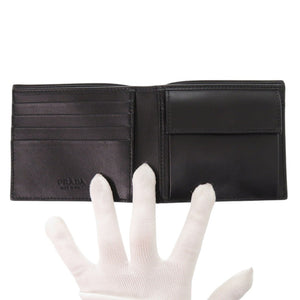 未使用品 プラダ コインポケット付ヴィッテロダイノ 2MO738 レザー ブラック 二つ折り財布 0364【中古】PRADA メンズ