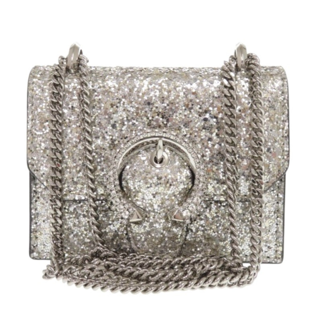 新品同様 ジミーチュウ ミニパリス グリッター ラメ シルバー レザー ショルダーバッグ 0408【中古】JIMMY CHOO