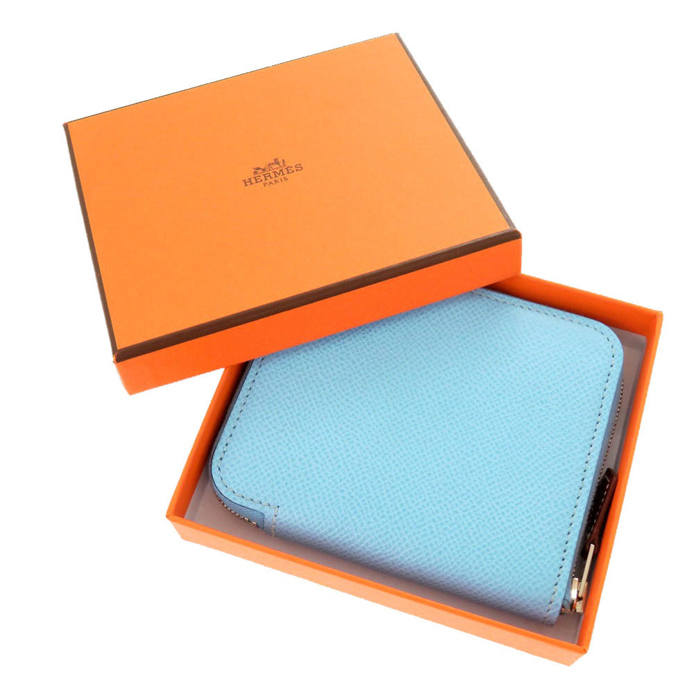 美品 エルメス アザップコンパクト シルクイン ヴォーエプソン セレステ シルバー金具 U刻印(2022年製) ラウンドファスナー コインケース 0422【中古】HERMES