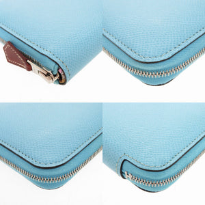 美品 エルメス アザップコンパクト シルクイン ヴォーエプソン セレステ シルバー金具 U刻印(2022年製) ラウンドファスナー コインケース 0422【中古】HERMES