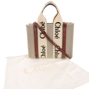 新品同様 クロエ リネン製WOODYスモール CHC22AS397I2690U レザー リネンキャンバス ホワイト ブラウン トートバッグ 0465【中古】Chloe