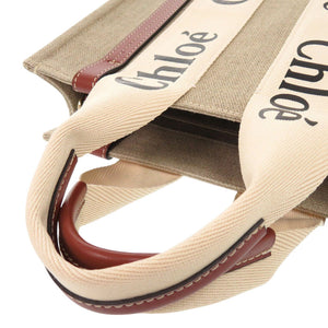 新品同様 クロエ リネン製WOODYスモール CHC22AS397I2690U レザー リネンキャンバス ホワイト ブラウン トートバッグ 0465【中古】Chloe