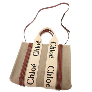 新品同様 クロエ リネン製WOODYスモール CHC22AS397I2690U レザー リネンキャンバス ホワイト ブラウン トートバッグ 0465【中古】Chloe