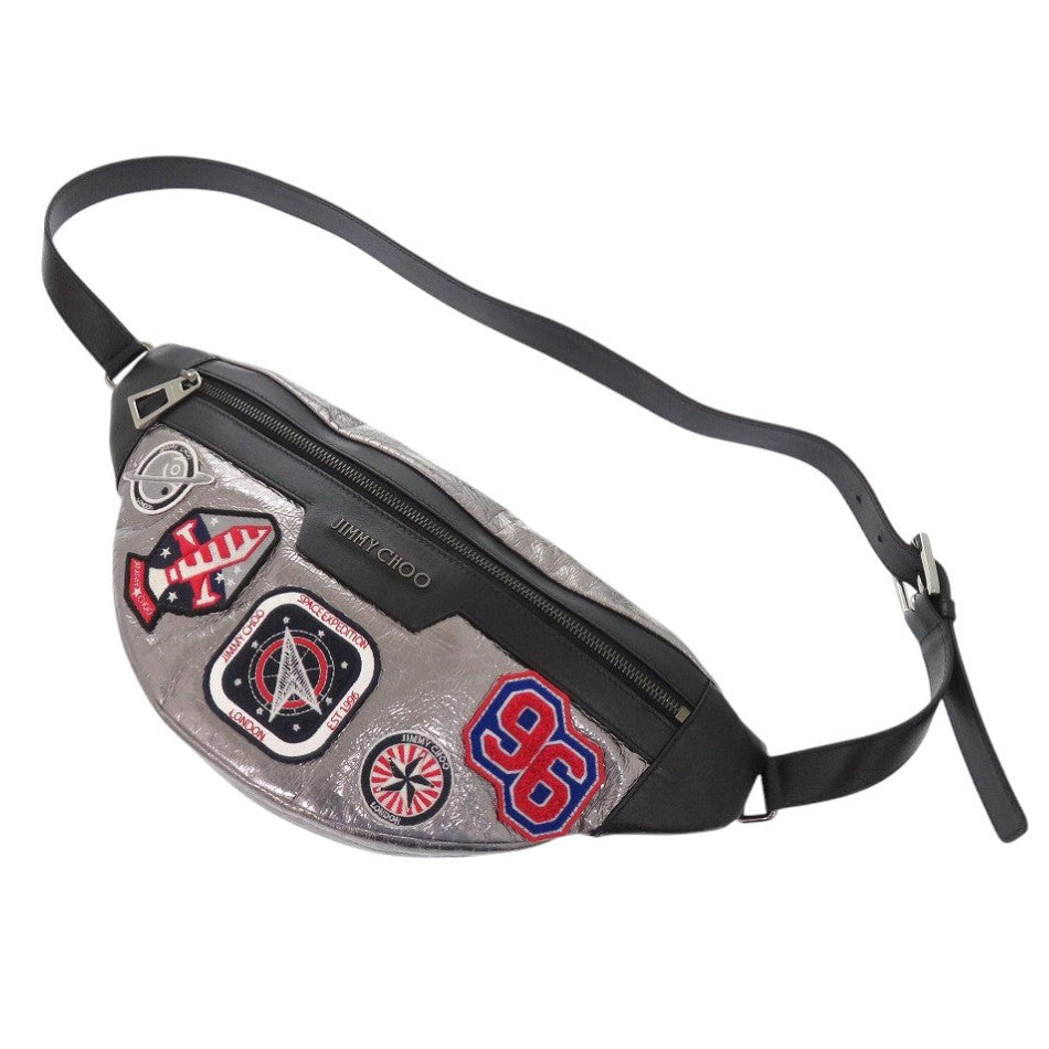 新品同様 ジミーチュウ ウエストポーチ ワッペン レザー シルバー ボディバッグ 0522【中古】JIMMY CHOO