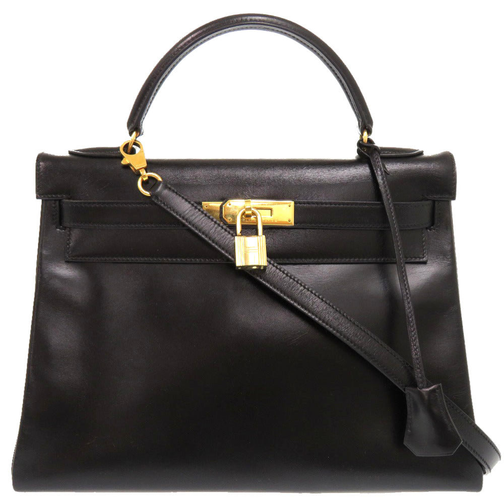 美品 エルメス ケリー32 内縫い ボックスカーフ ブラック ゴールド金具 〇V刻印 ハンドバッグ 黒 0572 【中古】 HERMES