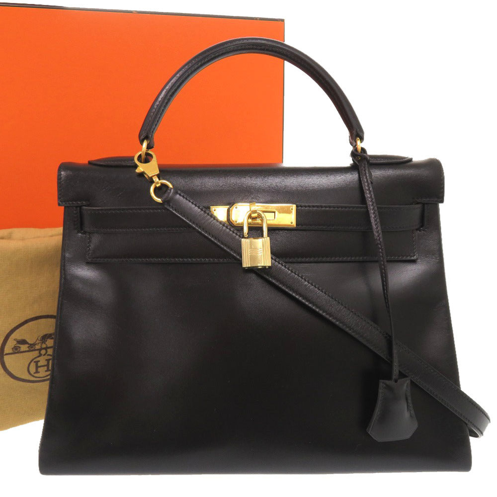 美品 エルメス ケリー32 内縫い ボックスカーフ ブラック ゴールド金具 〇V刻印 ハンドバッグ 黒 0572 【中古】 HERMES
