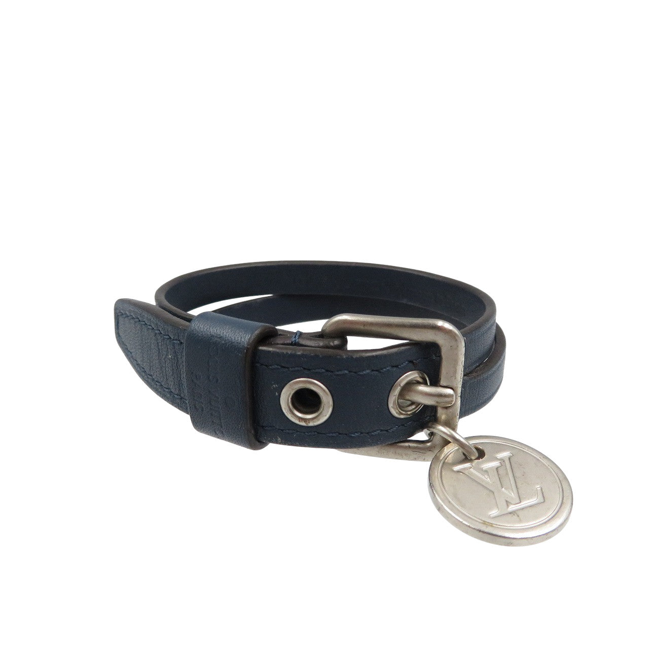 ルイヴィトン ブラスレ・インステップ M6254E レザー シルバー金具 ネイビー ブレスレット 0677【中古】LOUIS VUITTON