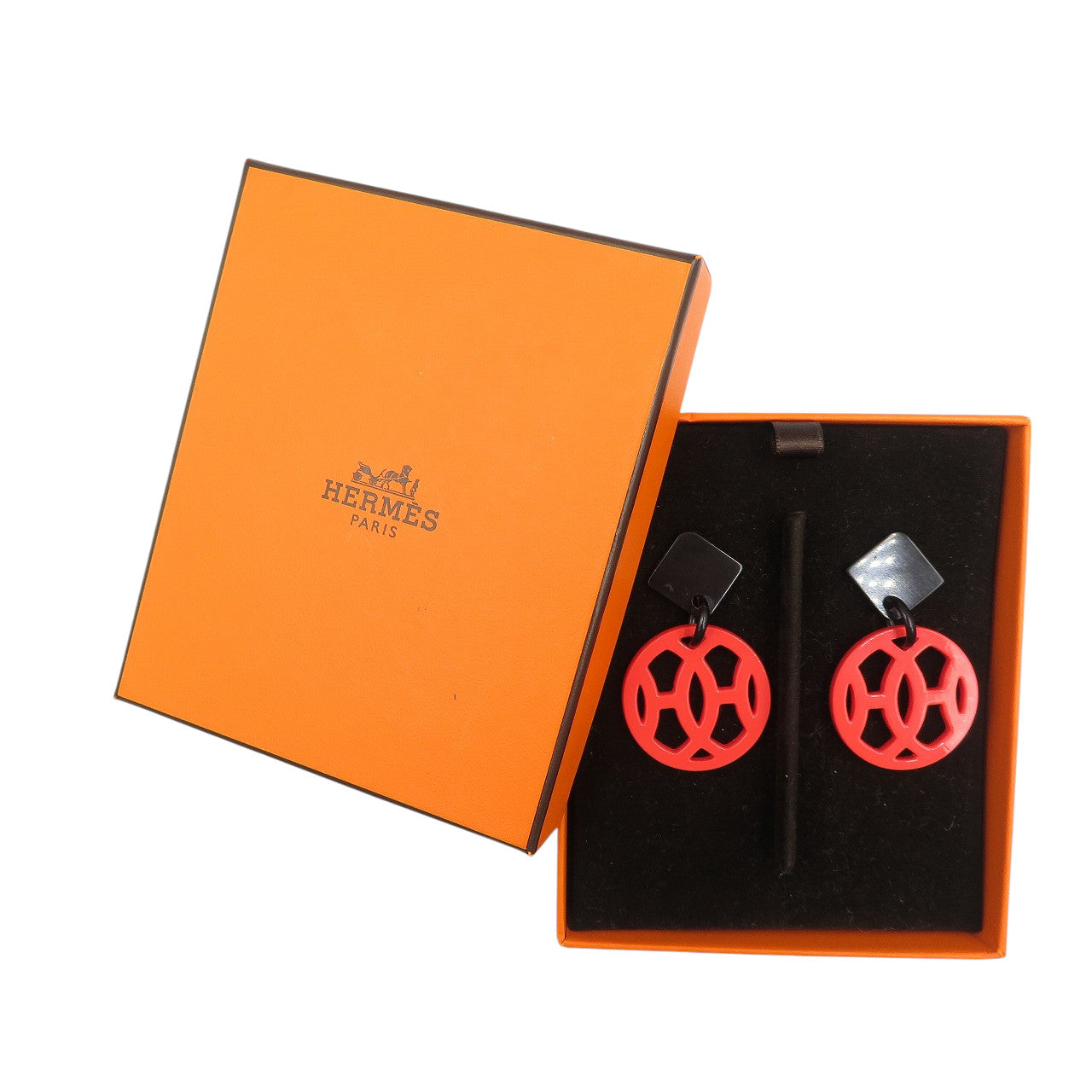 美品 エルメス アヴァ バッファローホーン ラッカー レッド ブラック ピアス 0716【中古】HERMES