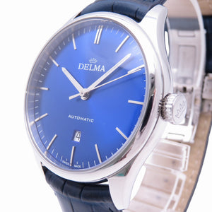 美品 デルマ ヘリテージ 41601 自動巻き 腕時計 SS/型押しレザー ブルー 青文字盤 0954【中古】DELMA メンズ