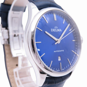 美品 デルマ ヘリテージ 41601 自動巻き 腕時計 SS/型押しレザー ブルー 青文字盤 0954【中古】DELMA メンズ