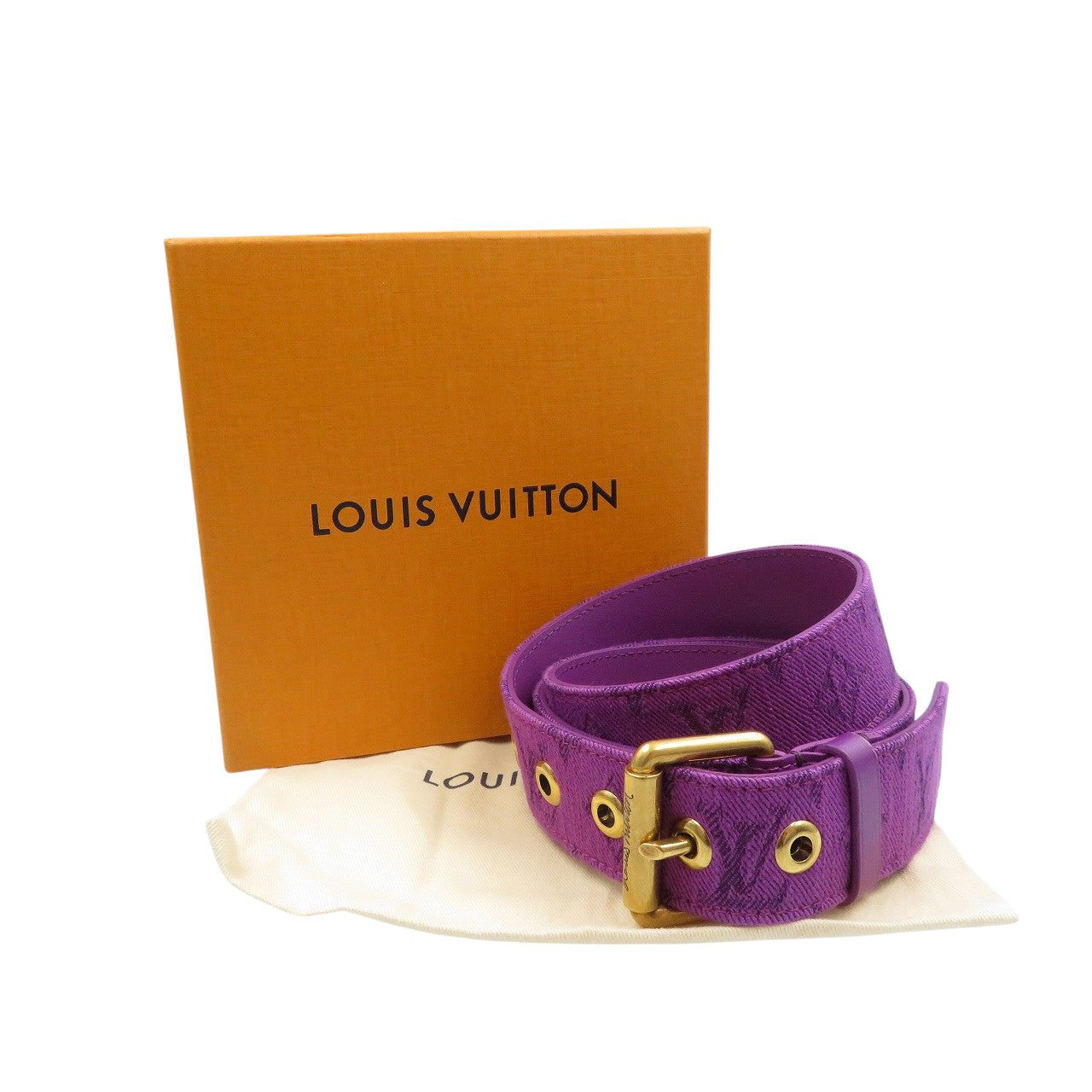 新品同様 ルイヴィトン サンチュール シグネチャー M0177 デニム ゴールド金具 パープル 紫 ベルト 1023【中古】LOUIS VUITTON