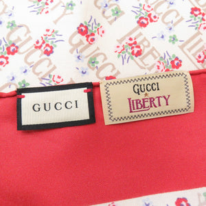 美品 グッチ × LIBERTY リバティ フラワープリント シルク ベージュ レッド スカーフ 1126【中古】GUCCI