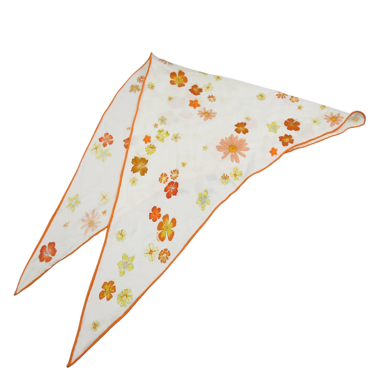 エルメス 花柄 シルク ホワイト オレンジ 三角 スカーフ 1155【中古】HERMES