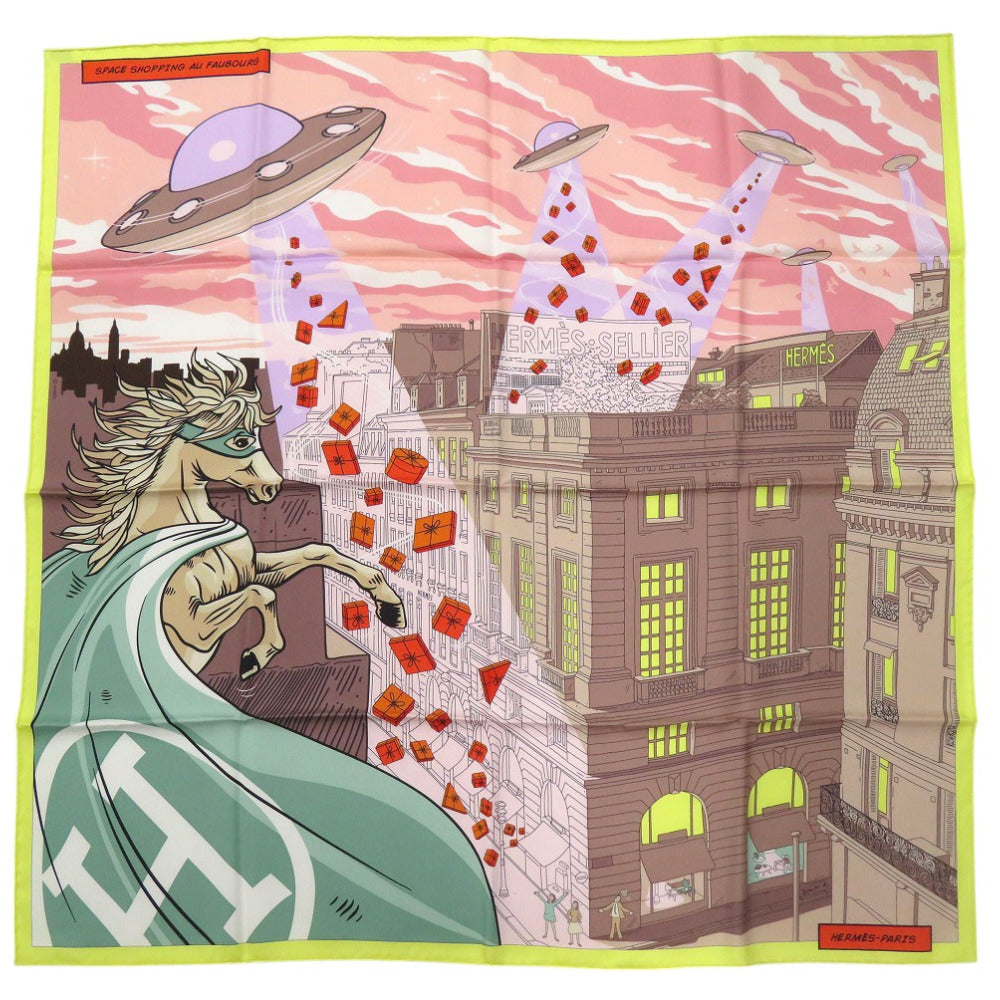 美品 エルメス カレ90 スペースショッピング スカーフ 街とUFO柄 Space Shopping au Faubourg シルク 1157【中古】HERMES