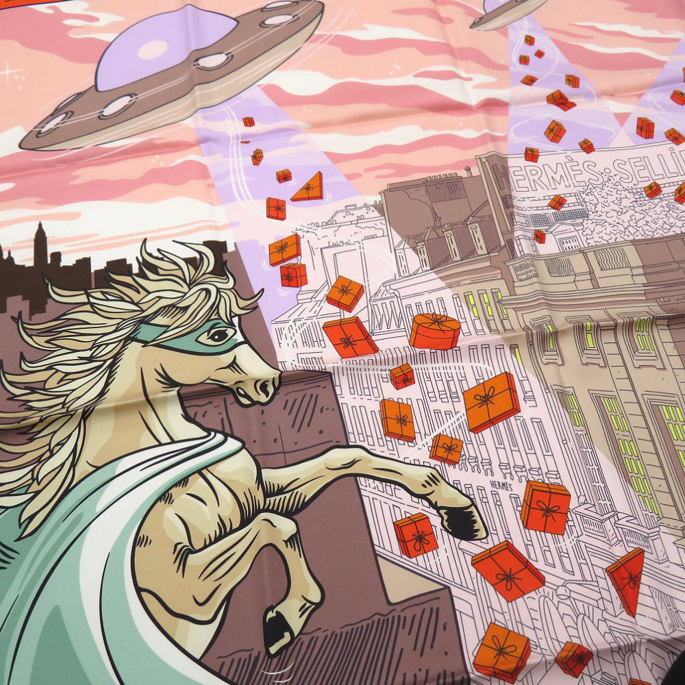 美品 エルメス カレ90 スペースショッピング スカーフ 街とUFO柄 Space Shopping au Faubourg シルク 1157【中古】HERMES