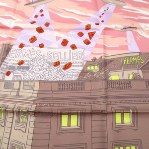 美品 エルメス カレ90 スペースショッピング スカーフ 街とUFO柄 Space Shopping au Faubourg シルク 1157【中古】HERMES