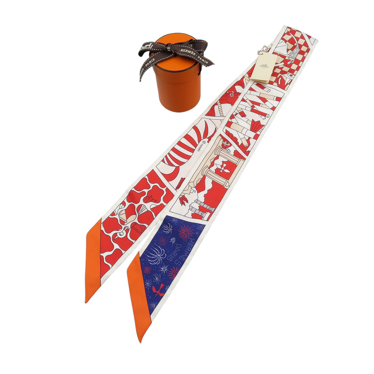 未使用 エルメス ツイリー FACTORY SUITE 063975S シルク ルージュ ブラン ブルー スカーフ 1221【中古】HERMES