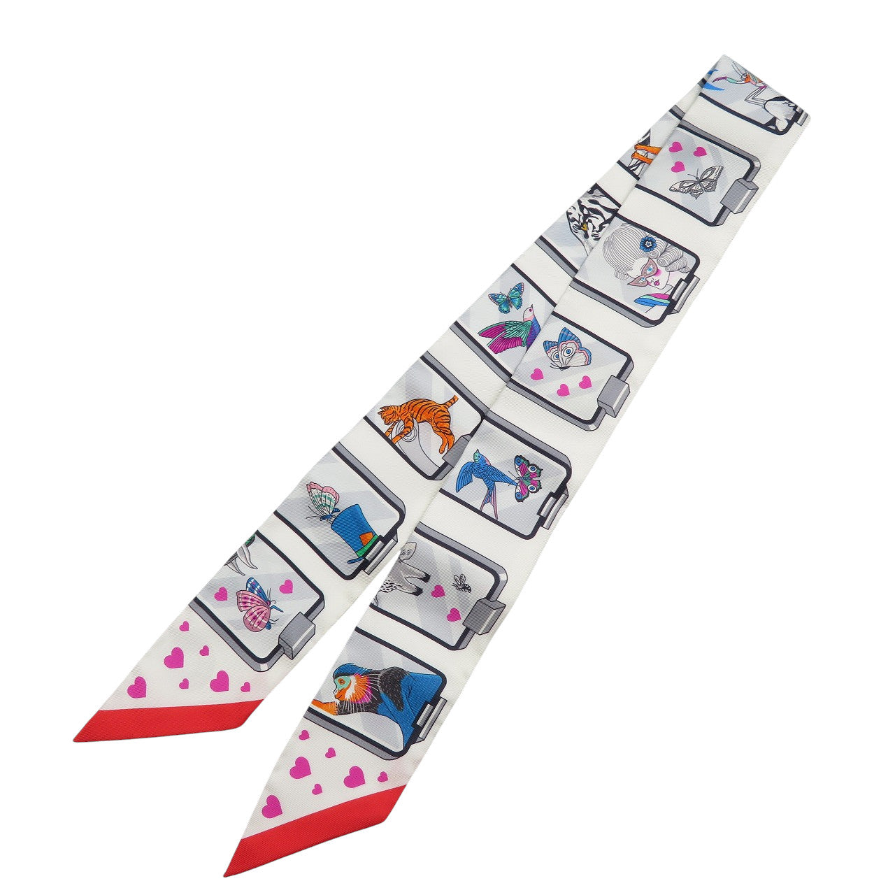 未使用 エルメス ツイリー ストーリー シルク ホワイト グレー レッド スカーフ 1226【中古】HERMES