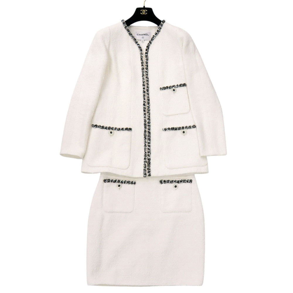 美品 シャネル ツイード コットン ストーン ポリアミド ホワイト セットアップ 白 1327【中古】CHANEL
