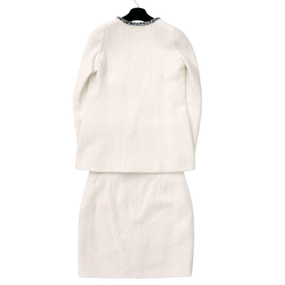 美品 シャネル ツイード コットン ストーン ポリアミド ホワイト セットアップ 白 1327【中古】CHANEL