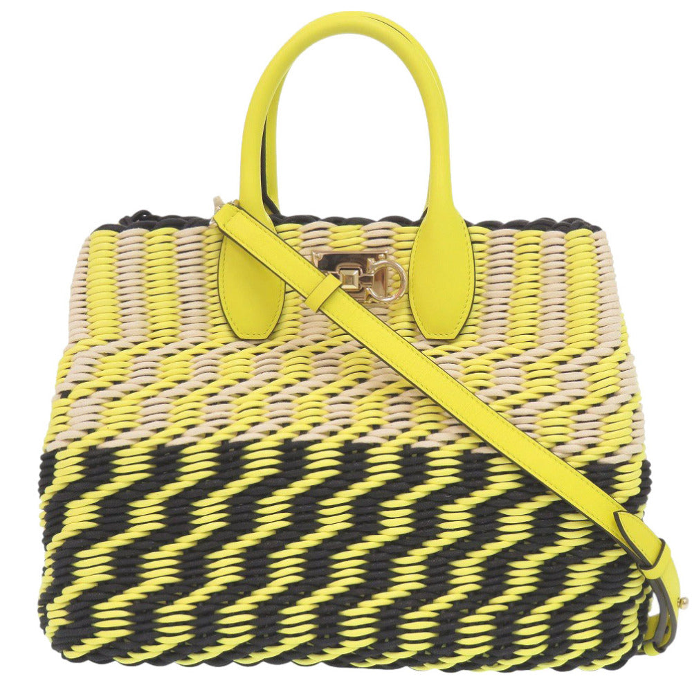 新品同様 サルヴァトーレフェラガモ 2WAY カゴバッグ スタシオ EZ-21 1450 ラフィア/レザー イエロー ハンドバッグ 黄 1336【中古】Salvatore Ferragamo