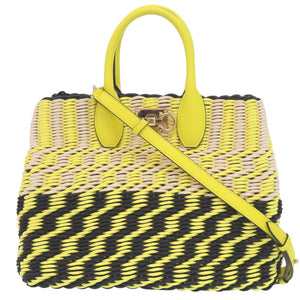 新品同様 サルヴァトーレフェラガモ 2WAY カゴバッグ スタシオ EZ-21 1450 ラフィア/レザー イエロー ハンドバッグ 黄 1336【中古】Salvatore Ferragamo