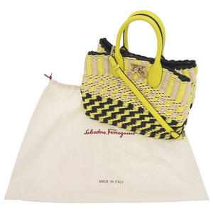 新品同様 サルヴァトーレフェラガモ 2WAY カゴバッグ スタシオ EZ-21 1450 ラフィア/レザー イエロー ハンドバッグ 黄 1336【中古】Salvatore Ferragamo