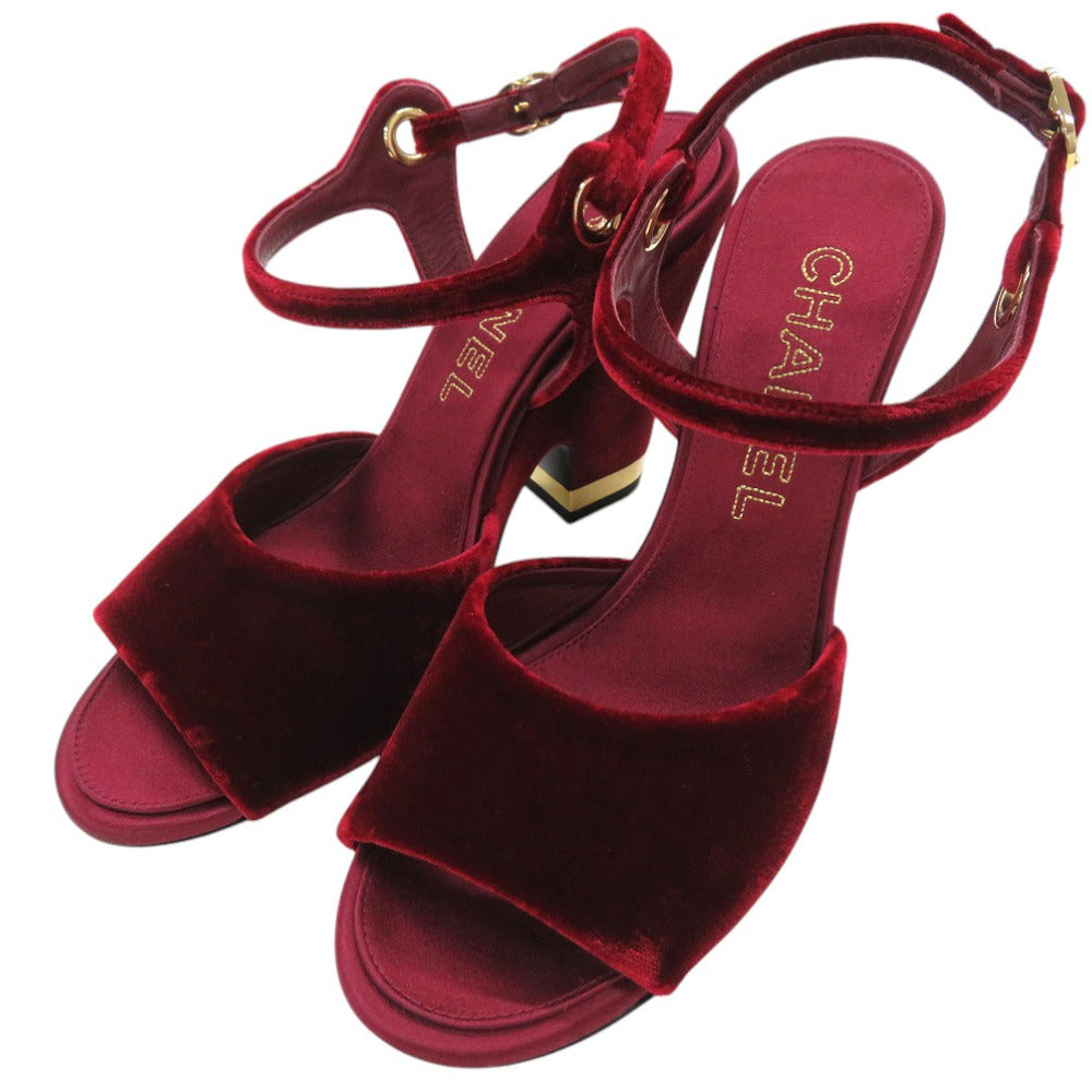 未使用品 シャネル ベルベット チャンキーヒール サンダル ストラップ バーガンディ 1349【中古】CHANEL