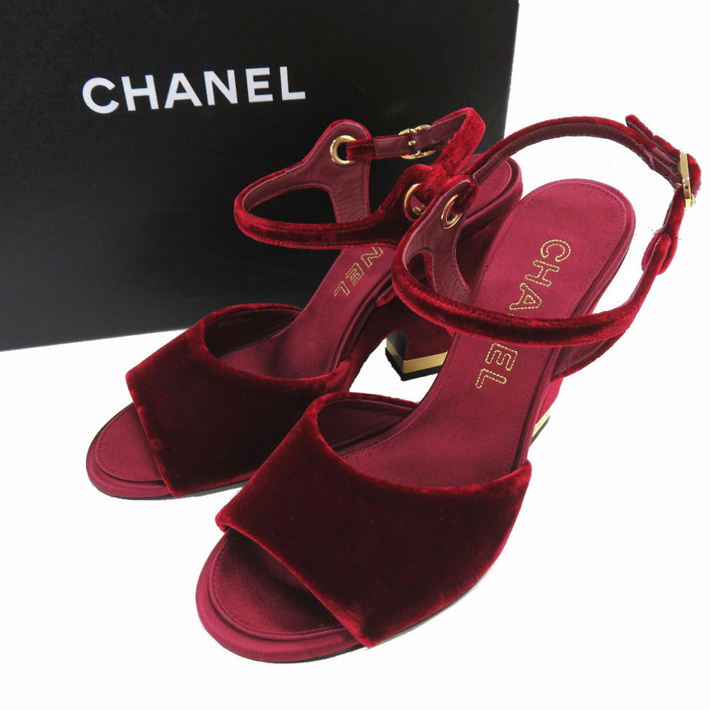 未使用品 シャネル ベルベット チャンキーヒール サンダル ストラップ バーガンディ 1349【中古】CHANEL
