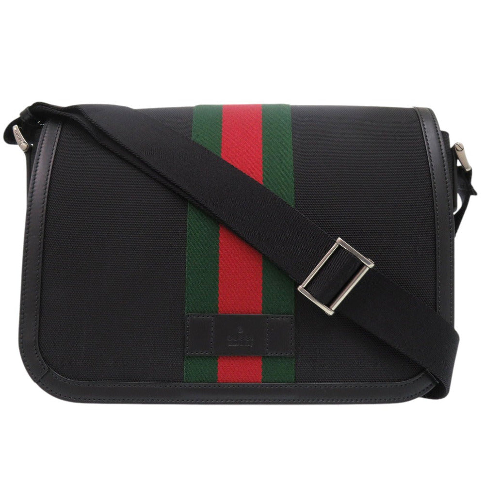 新品同様 グッチ ウェビングライン ショルダーバッグ 斜め掛け 630921 キャンバス レザー ブラック 0058【中古】GUCCI