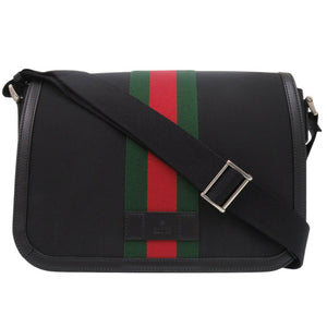 新品同様 グッチ ウェビングライン ショルダーバッグ 斜め掛け 630921 キャンバス レザー ブラック 0058【中古】GUCCI